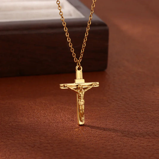 Caravaca Angels Crucifix Necklace – Gold Stainless Steel Jesus Cross for Men & Women