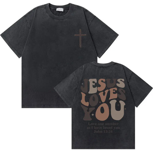 Washed Vintage "God Loves You" T-Shirt – Christian Oversized Graphic Tee
