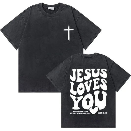 Washed Vintage "God Loves You" T-Shirt – Christian Oversized Graphic Tee