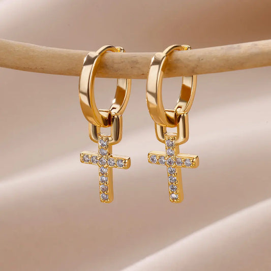 Zircon Cross Dangle Earrings – Stainless Steel Aesthetic Jewelry for Women & Girls