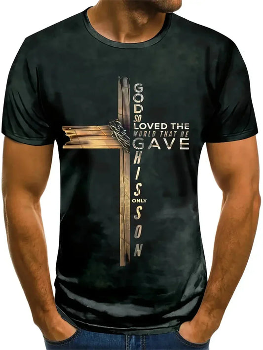 Oversized Gothic Jesus Christ Cross T-Shirt – 3D Print Christian Streetwear for Men