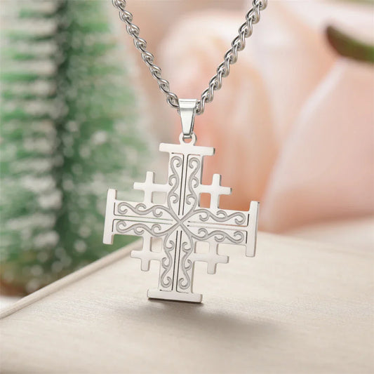 EUEAVAN Crusader Five-Fold Cross Pendant Necklace – Stainless Steel Christian Jewelry