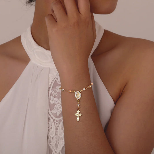 Vnox Catholic Cross Rosary Bracelet – Virgin Mary Charm Baptism Gift for Women