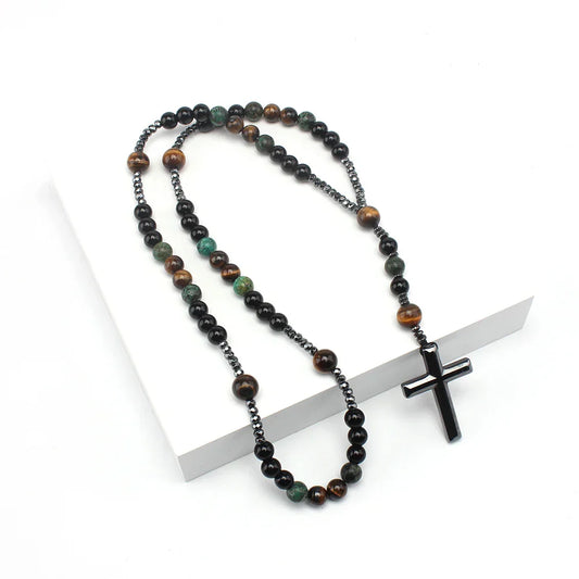 Natural Stone Turquoise & Tiger-Eye Rosary Necklace