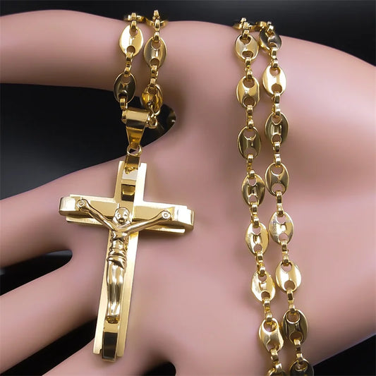 Jesus Cross Crucifix Pendant Necklace – Gold Stainless Steel Christian Jewelry for Men