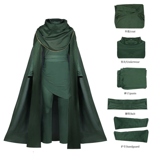 God of Lies Loki Cosplay Costume – Green Top, Pants & Cloak Set for Adults