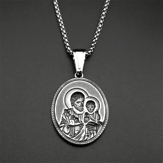 Saint Joseph Medal Necklace – Gold Stainless Steel Christian Amulet for Men & Women